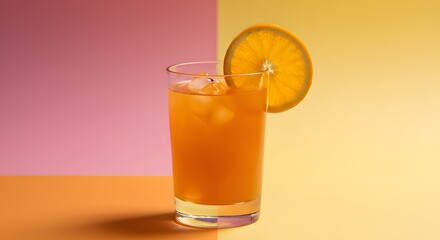 Orange drink with ice garnished with a slice set against a colorful background