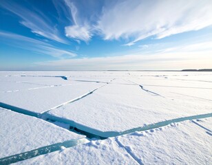 Blue ice and cracks on the surface of the ice. Frozen lake under a blue sky in the winter