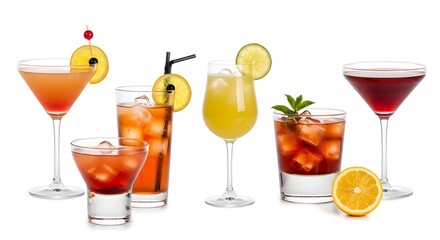 Six cocktails are arranged three martinis a yellow highball a dark ice cocktail and a low glass with an orange