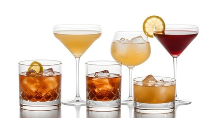 Six cocktails in various glasses some with lemon slices on a white surface