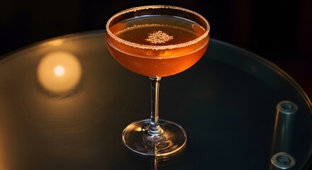 Stemmed cocktail glass with a salted rim on a reflective surface illuminated by a soft warm light source