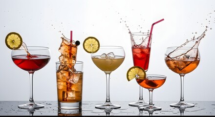 Six glasses filled with colorful liquids and garnished with citrus slices with splatters on a reflective surface