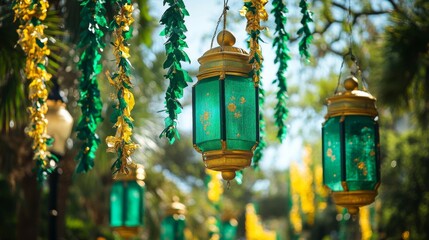 Elegant Green Lanterns Hang Decoratively Among Green And Gold Garlands