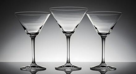 Three clear martini glasses stand in a row reflecting on a glossy surface against a gradient backdrop