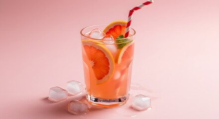 Tall glass filled with grapefruit cocktail ice striped straw  citrus slices set against a pink background
