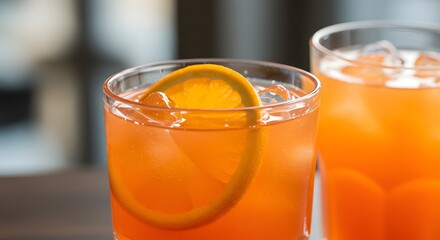 Two glasses of orange drinks with ice one garnished with an orange slice set against a blurred backdrop