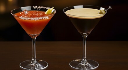 Two cocktails sit sidebyside one red with a salted rim and lime the other dark with olive