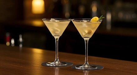 Two martini glasses with ice and olives sit on a wooden bar one garnished with lemon and rosemary