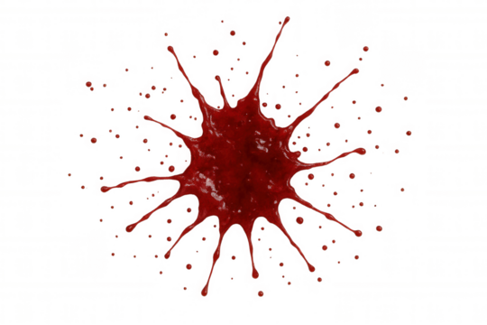 Red blood splat creating a messy stain and violent impact, isolated on transparent background