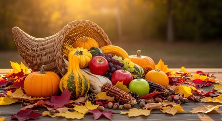 Cornucopia overflowing with autumn harvest fruits, vegetables, and colorful leaves on a wooden surface, bathed in warm sunlight.