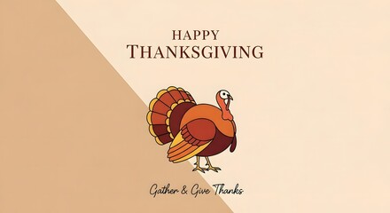 Thanksgiving greeting card featuring a stylized turkey on a diagonally split beige background.
