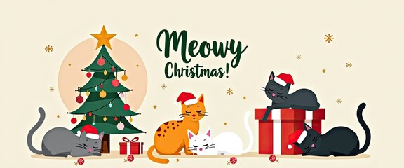 Fototapeta premium Cute cats wearing santa hats celebrate christmas with a decorated tree and presents, wishing everyone a meowy christmas in a festive illustration