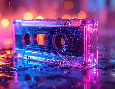 Translucent Audio Cassette Illuminated with Neon Lights in Dark Background - Powered by Adobe