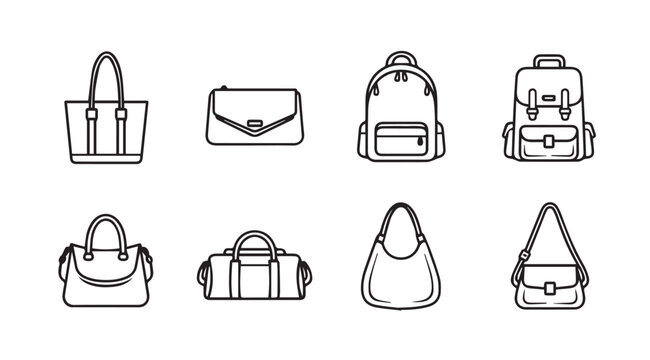 Diverse collection of handbag and backpack icon set for fashion and travel vector