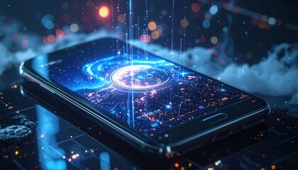 Futuristic Smartphone with Digital Energy Flow and Abstract Background.