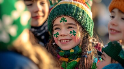 A young girl smiles wearing a green shamrock hat