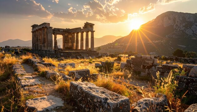 Ancient Greek Ruins Bathed in Golden Sunset Light. - Powered by Adobe