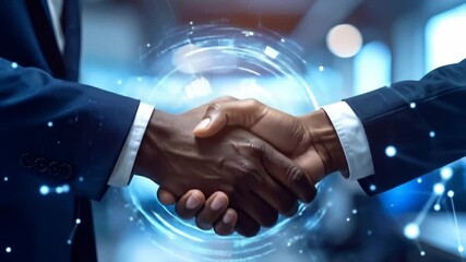 Handshake of two businessmen in a modern office with digital networking design. - Powered by Adobe