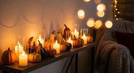 Festive autumn display with pumpkins, gourds, and glowing candles on a wooden surface, creating a warm and inviting ambiance.