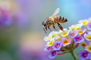 close up bee collecting nectar from colorful flower