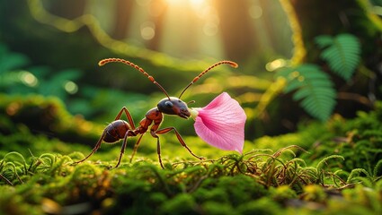 Ant carrying pink petal in forest moss – close-up of hardworking insect