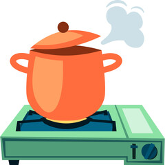 Orange cooking pot steaming on a teal gas stove with a green base and blue flame in a bright kitchen environment