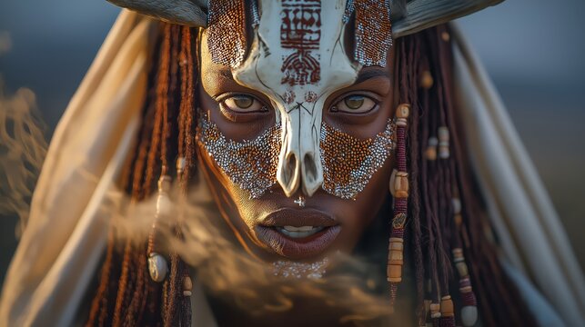 close up face black African tribal female warrior wearing ox skull headdress 