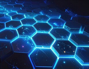 Futuristic Glowing Blue Hexagonal Grid Pattern on Dark Background.