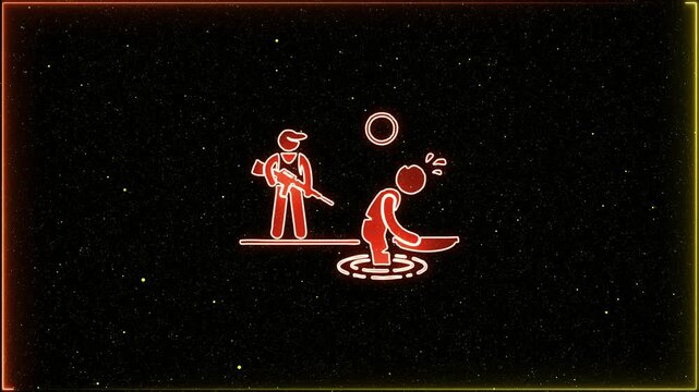 Neon outline soldier with rifle confronting person in water with ripples and sweat drops against starry night sky with glowing border