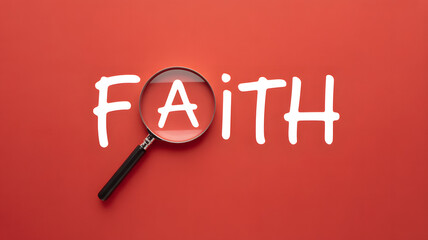 Magnifying glass focusing on the word 'Faith' on a vibrant red background for inspiration