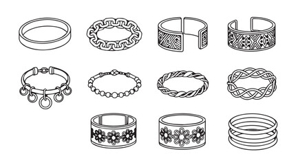 Collection of hand-drawn bracelets and bangles showcase elegant designs and detailed craftsmanship vector