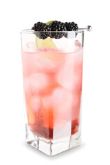 Glass of tasty blackberry cocktail with lime slice and fresh berries on white background