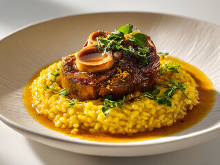 Cinematic Presentation of Ossobuco with Risotto on Elegant Plate
