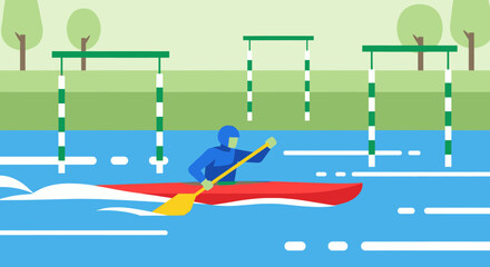 Canoeist paddling through a slalom course in a river water sport competition.