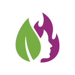 (Natural Beauty and Female Spirit. This artful logo features a verdant leaf, a violet flame subtly revealing a graceful woman's profile. It embodies holistic wellness, organic strength, inner glow.)