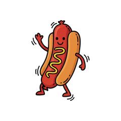 (Dancing Hot Dog Cartoon Character. Whimsical frankfurter illustration with a cheerful expression and active pose. This lively food mascot symbolizes festivity and delight.)