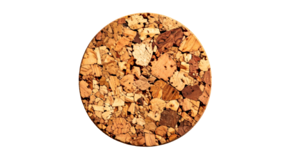 Close-up of a circular, textured cork. Brown tones and intricate details
