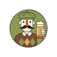 (Dapper Man Holding a Pint. Stylish illustration of a gentleman wearing a cap and impressive mustache, raising a frothy beverage. Represents warmth, tradition, and pub culture.)