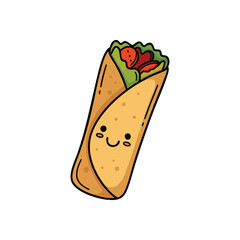 (Cheerful Food Wrap Illustration. This delightful cartoon burrito features a joyful expression, symbolizing deliciousness and lightheartedness. Perfect for menus, kids content, and positive designs.)