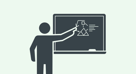 Presentation of a business plan on a chalkboard with a presenter.