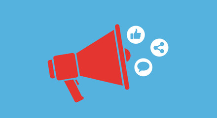 Red megaphone with social media icons on a blue background for marketing.
