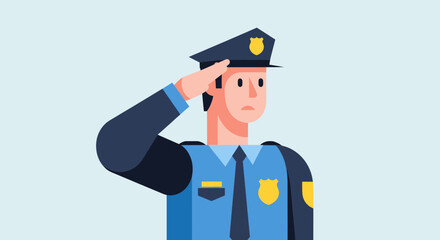 Police officer saluting with hand to the forehead in a flat design style.