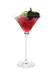 Glass of tasty blackberry cocktail with lime slice and fresh berries on white background