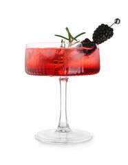 Glass of tasty blackberry cocktail with rosemary and fresh berries on white background