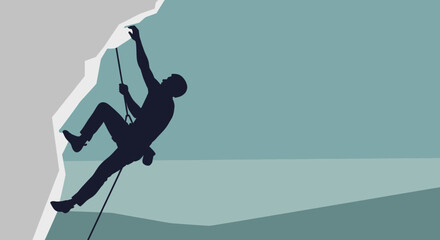 Silhouette of a rock climber scaling a cliff face with a rope.