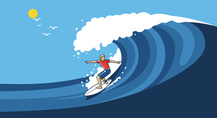 Surfer riding a big wave with the sun and seagulls in the sky.