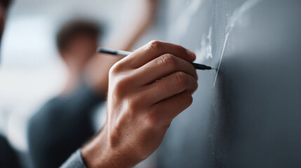 Closeup of a hand writing on a dark surface, suggesting planning, problemsolving, or creative brainstorming. Perfect for illustrating concepts, ideas, and teamwork.