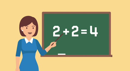 Teacher Explaining Math Equation on Blackboard in Classroom.