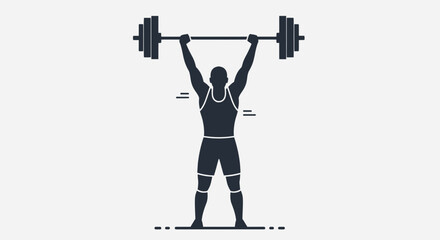 Weightlifter lifting barbell overhead in silhouette against white background.