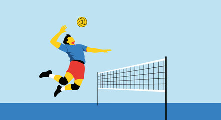 Volleyball player jumping to hit the ball during the game.